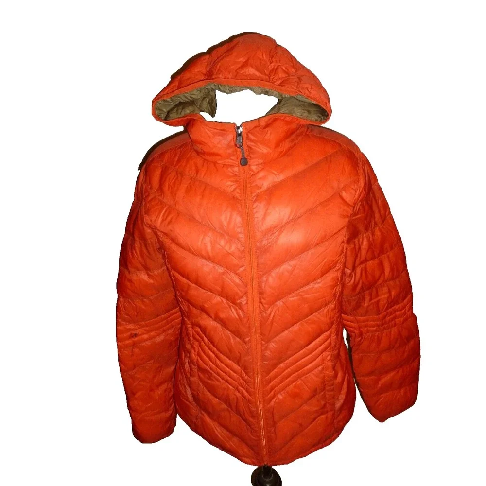 Orange Hooded Puffer‎ Jacket Quilted Full Zip Winter Coat Goose Down Womens